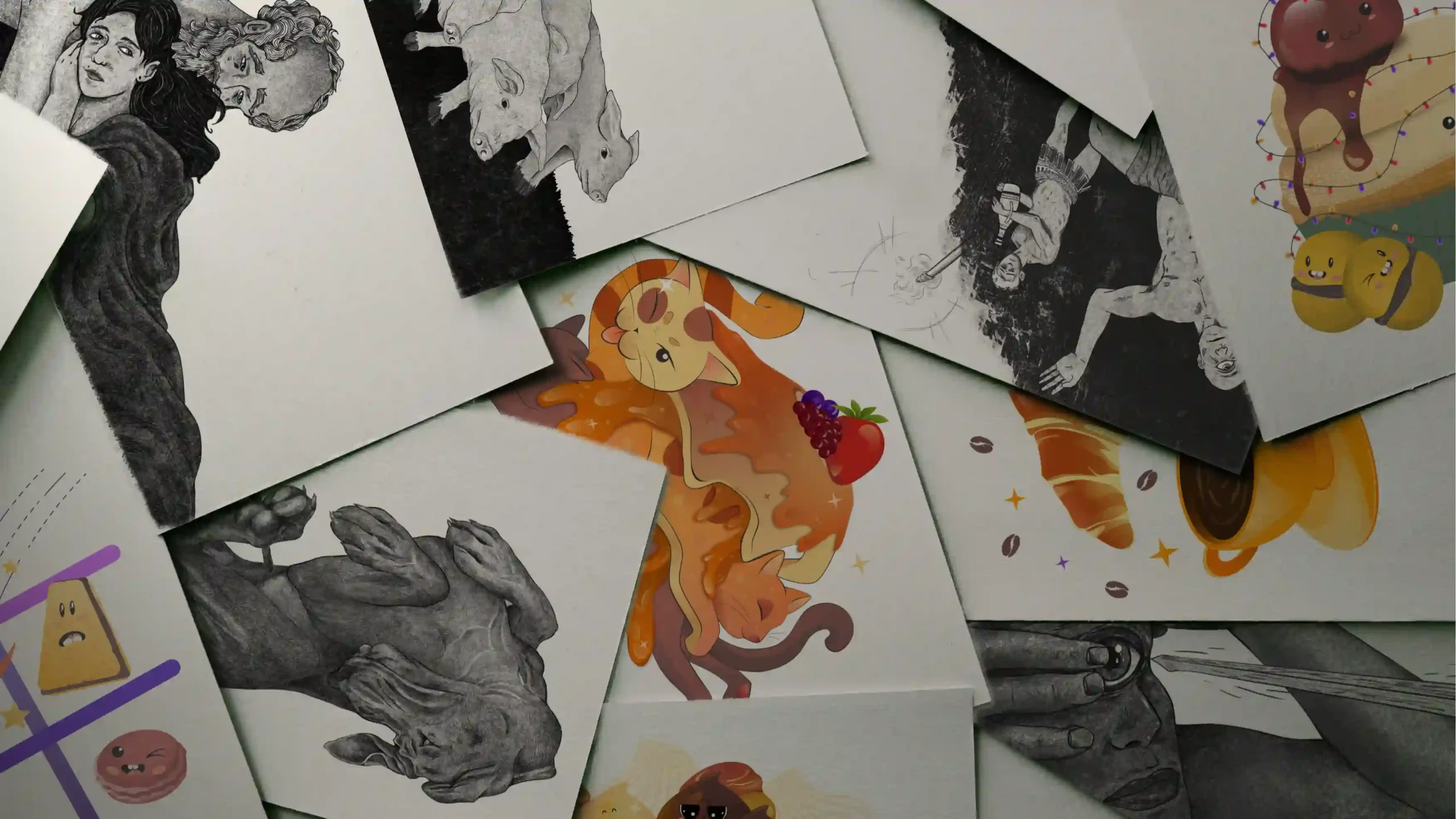 Collage di illustrazioni artigianali realizzate da Simone Torre, graphic designer e illustratore a Verona per progetti editoriali e commerciali.